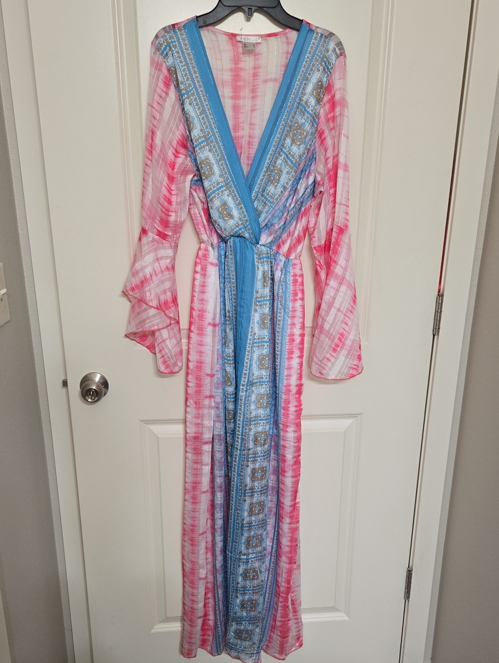 VENUS Pink and Blue Tie-Dye Maxi Dress with Patterned Trim